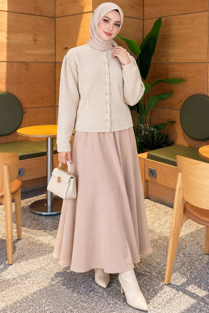 Pearl Button Detail Knit Cardigan Beige - immagine 2