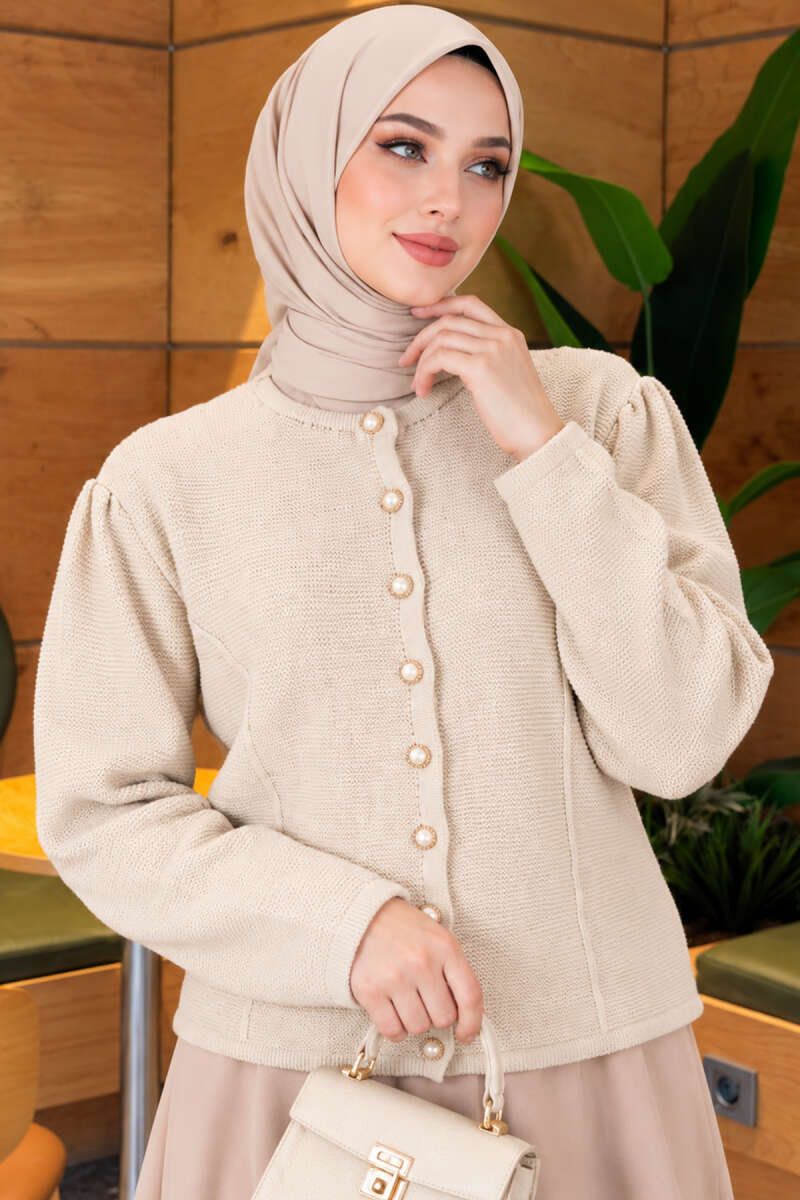 Pearl Button Detail Knit Cardigan Beige - immagine 3