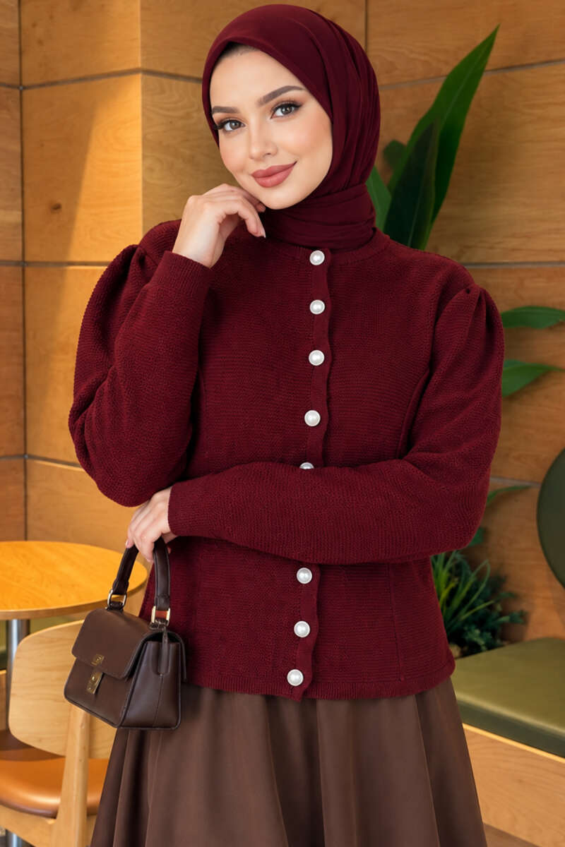 Pearl Button Detail Knit Cardigan Burgundy