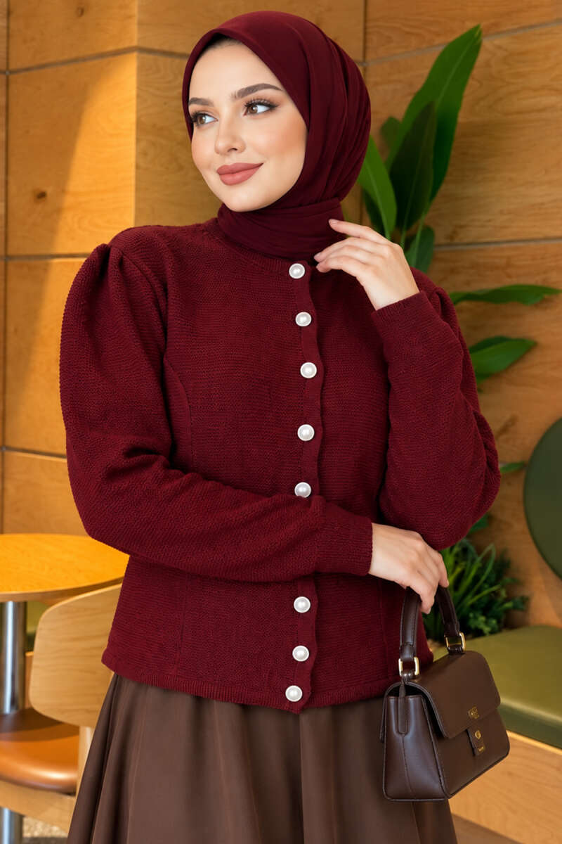 Pearl Button Detail Knit Cardigan Burgundy - immagine 3
