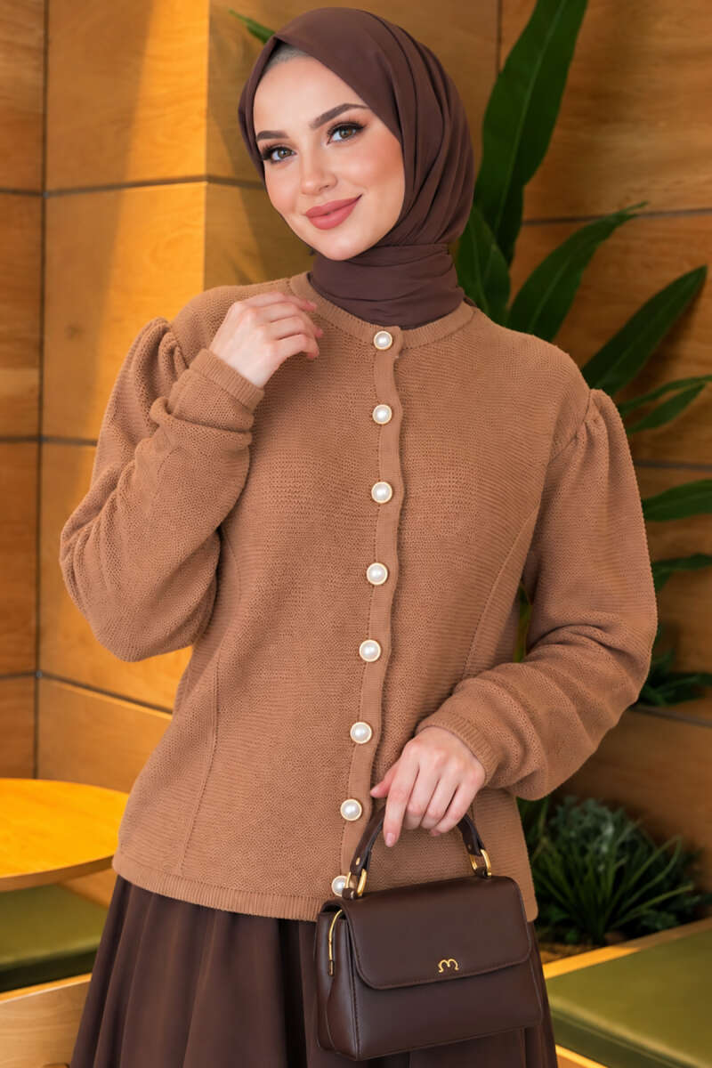 Pearl Button Detail Knit Cardigan Camel