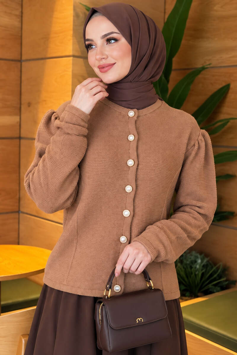 Pearl Button Detail Knit Cardigan Camel - immagine 3