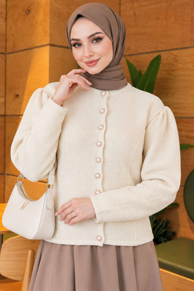 Pearl Button Detail Knit Cardigan Ecru