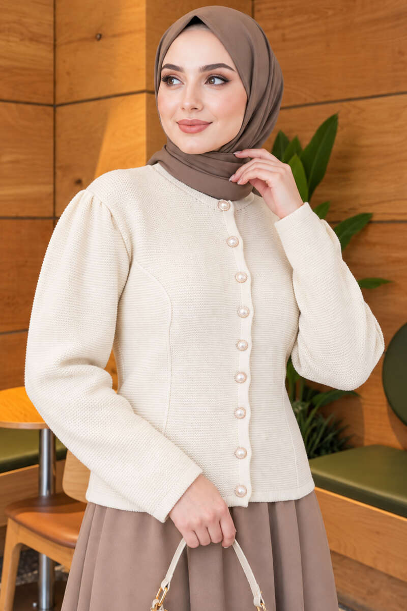 Pearl Button Detail Knit Cardigan Ecru - immagine 3