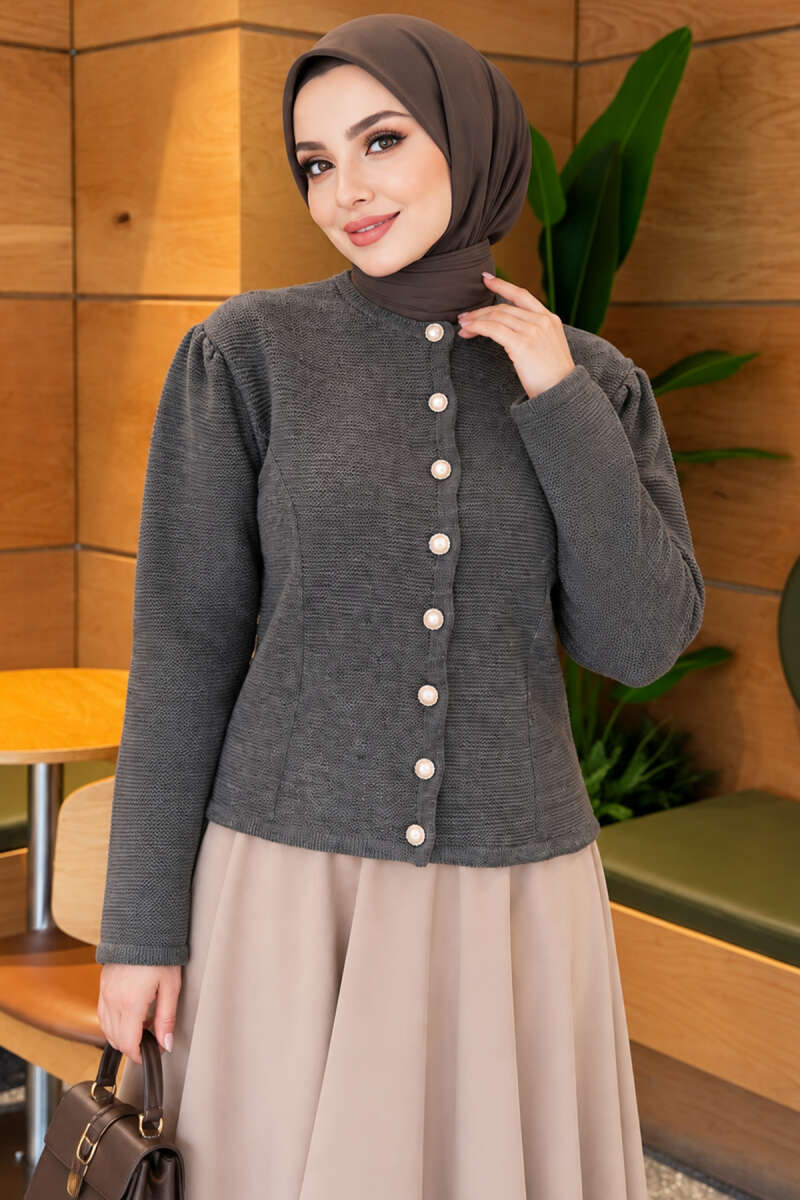 Pearl Button Detail Knit Cardigan Smoke