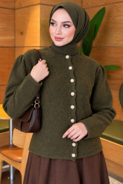 Pearl Button Detail Knit Cardigan Khaki
