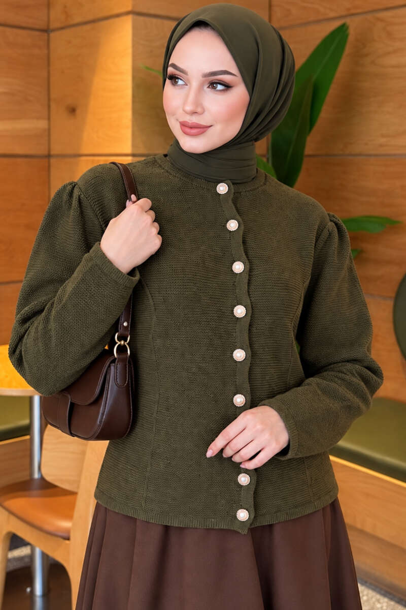 Pearl Button Detail Knit Cardigan Khaki