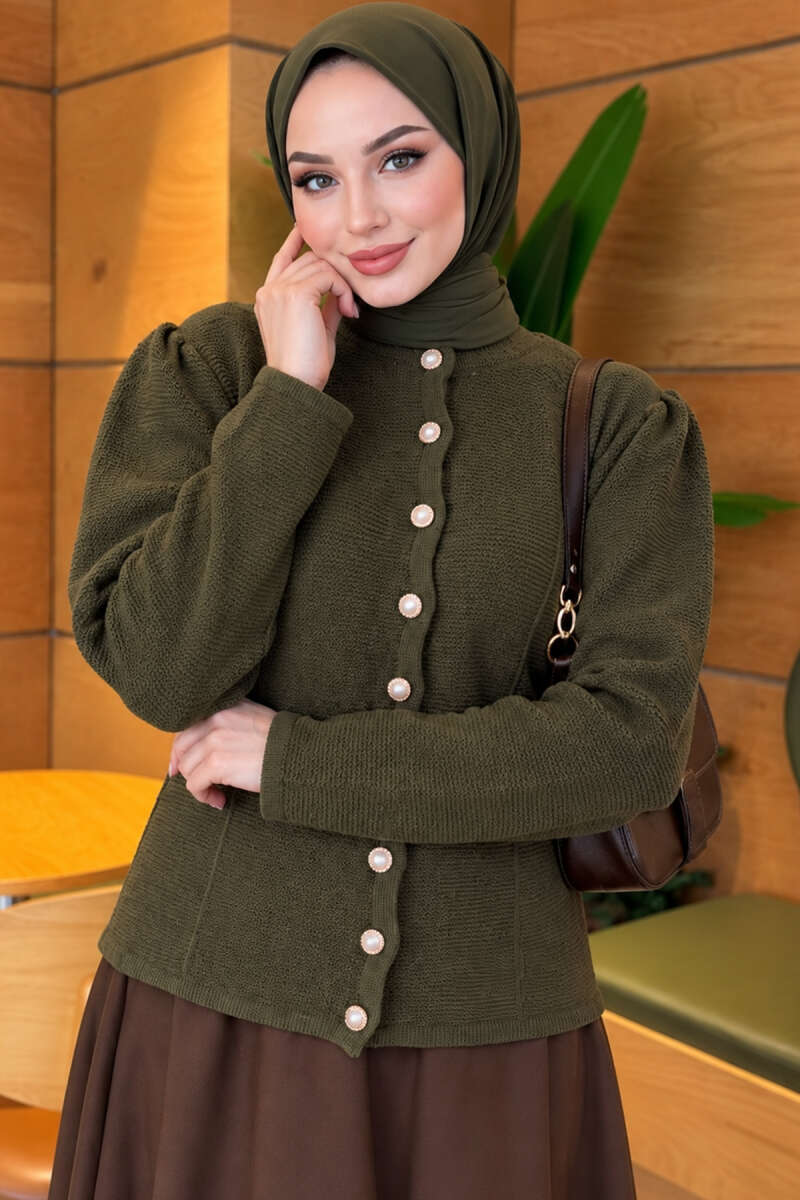 Pearl Button Detail Knit Cardigan Khaki - immagine 3
