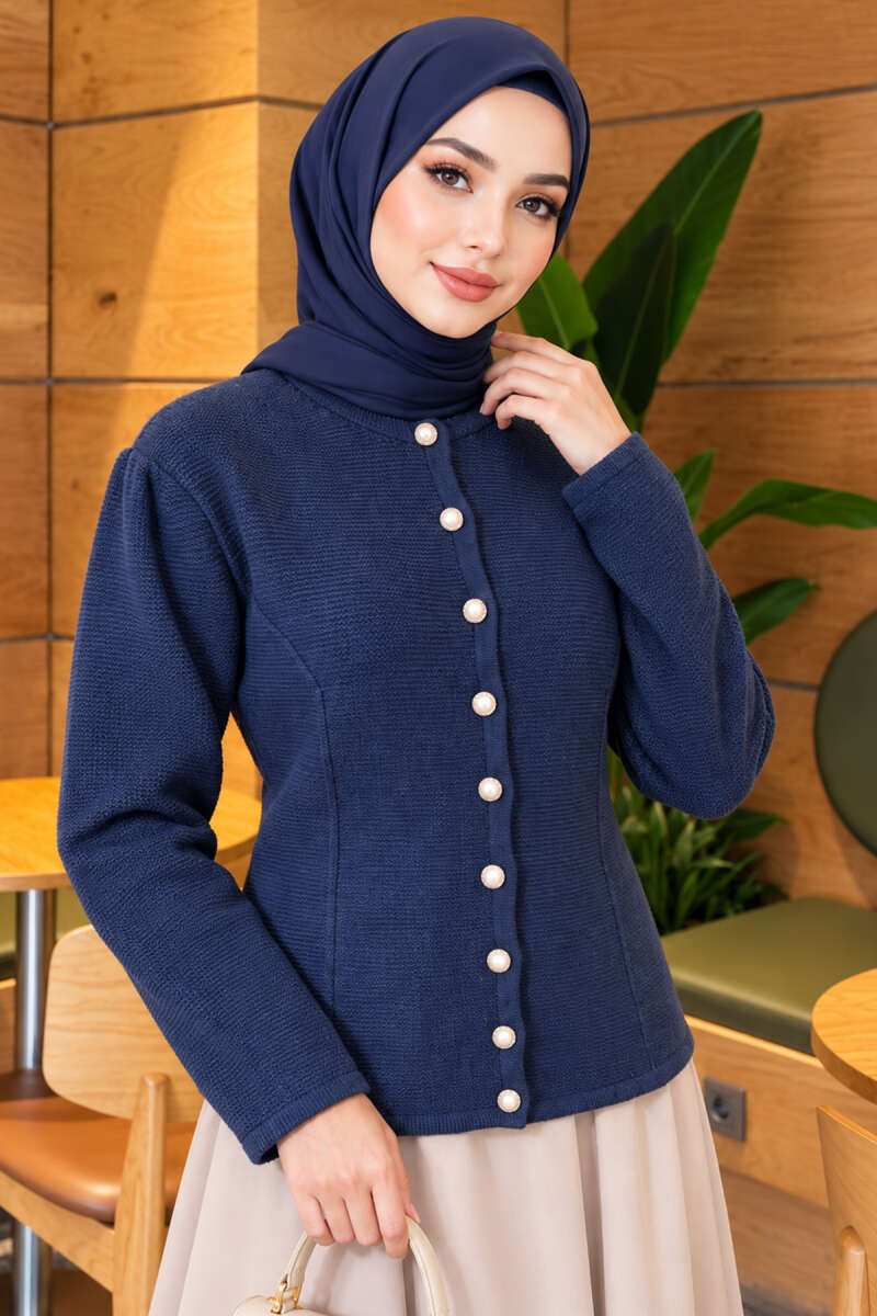 Pearl Button Detail Knit Cardigan Indigo