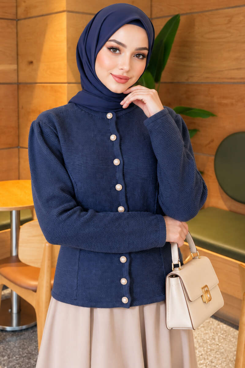 Pearl Button Detail Knit Cardigan Indigo - immagine 3