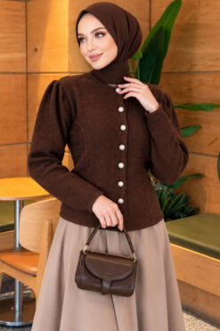 Pearl Button Detail Knit Cardigan Brown