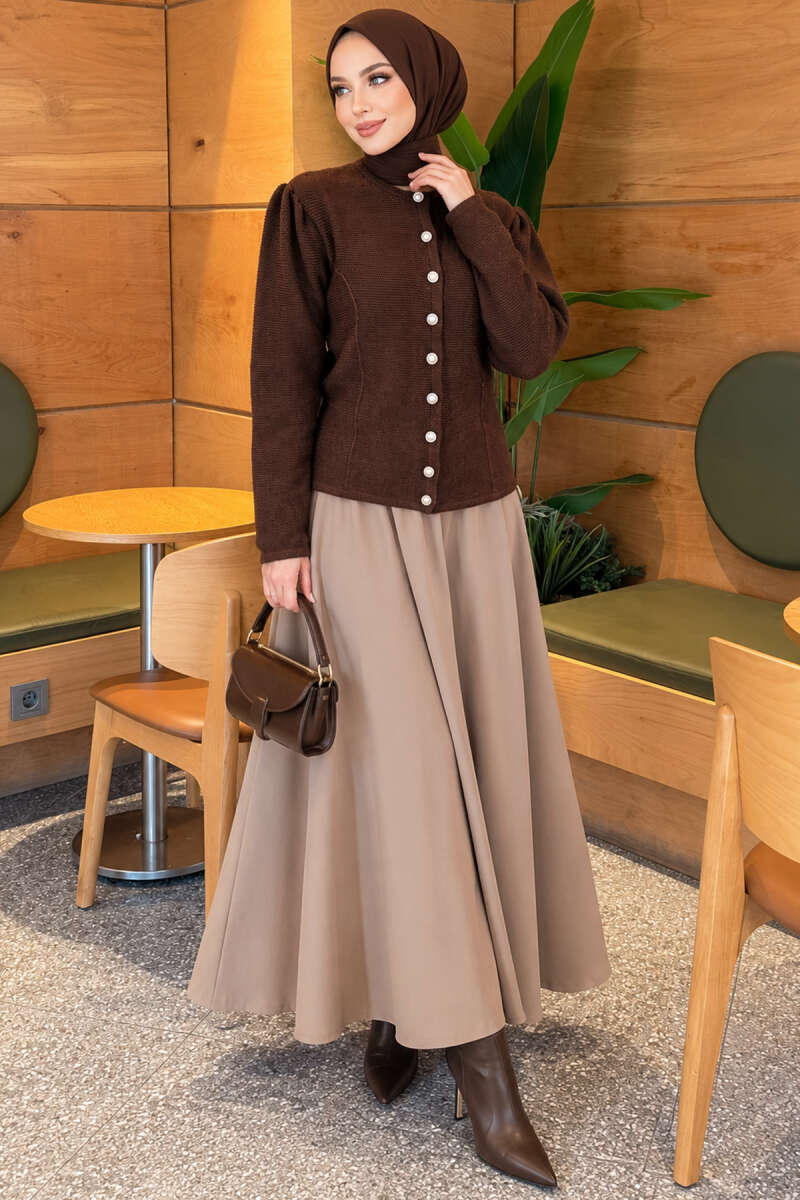 Pearl Button Detail Knit Cardigan Brown - immagine 2