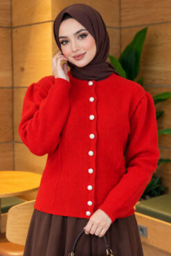 Pearl Button Detail Knit Cardigan Red