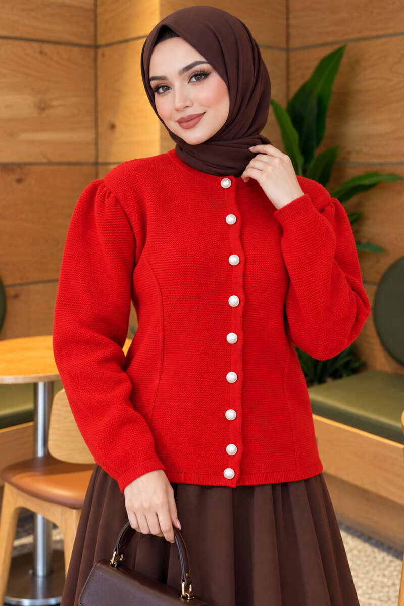 Pearl Button Detail Knit Cardigan Red - immagine 3