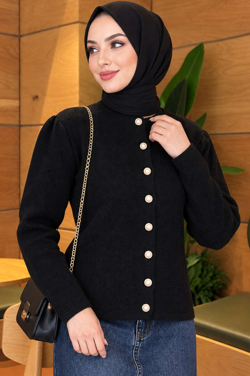 Pearl Button Detail Knit Cardigan Black