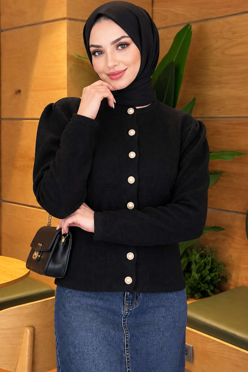 Pearl Button Detail Knit Cardigan Black - immagine 3