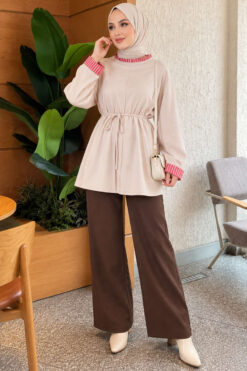 Alternative view of Tunic with drawstring and stripe detail Beige