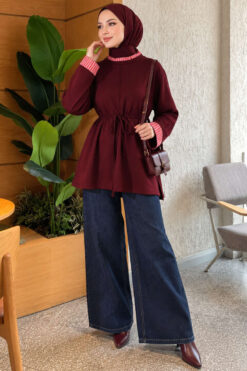 Alternative view of Tunic with drawstring and stripe detail Burgundy