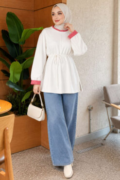 Alternative view of Tunic with drawstring and stripe detail Ecru