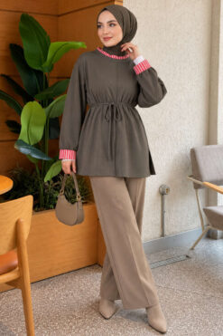 Alternative view of Tunic with drawstring and stripe detail Khaki