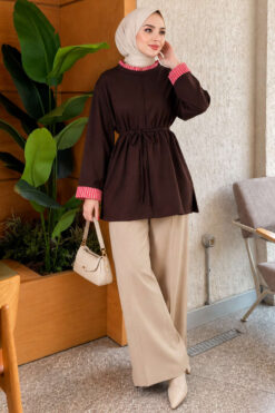 Alternative view of Tunic with drawstring and stripe detail Brown