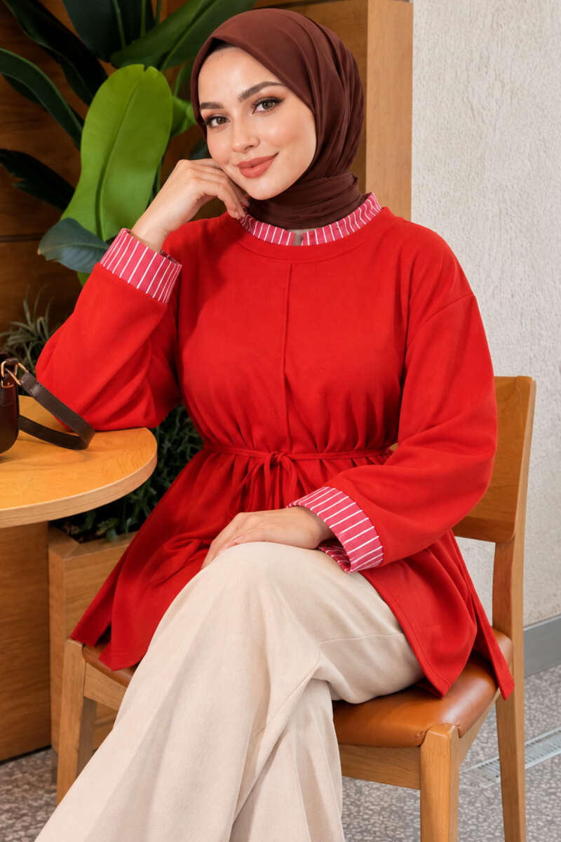 Tunic with drawstring and stripe detail Red - Imagen 3