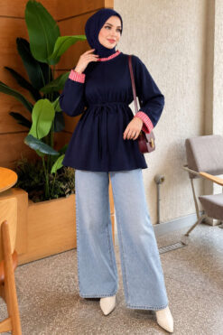 Alternative view of Tunic with drawstring and stripe detail Navy Blue