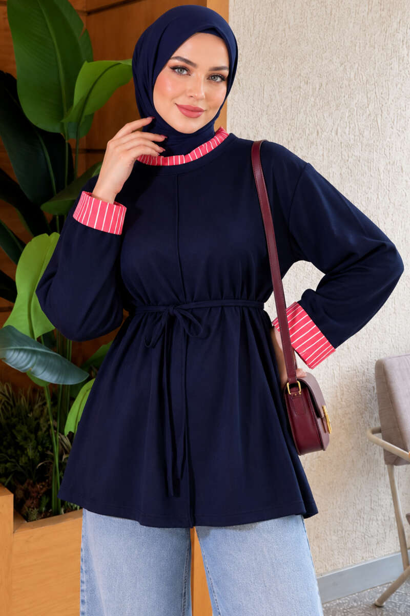 Tunic with drawstring and stripe detail Navy Blue - الصورة 3