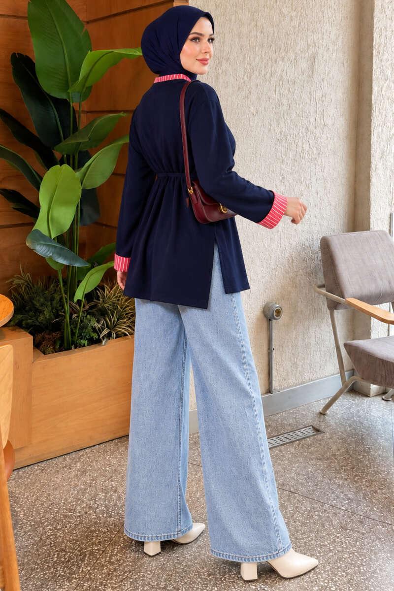 Tunic with drawstring and stripe detail Navy Blue - الصورة 4