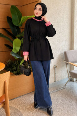 Alternative view of Tunic with drawstring and stripe detail Black
