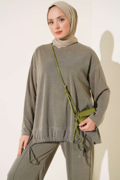 Alternative view of Basic two-piece set with tie detail Khaki