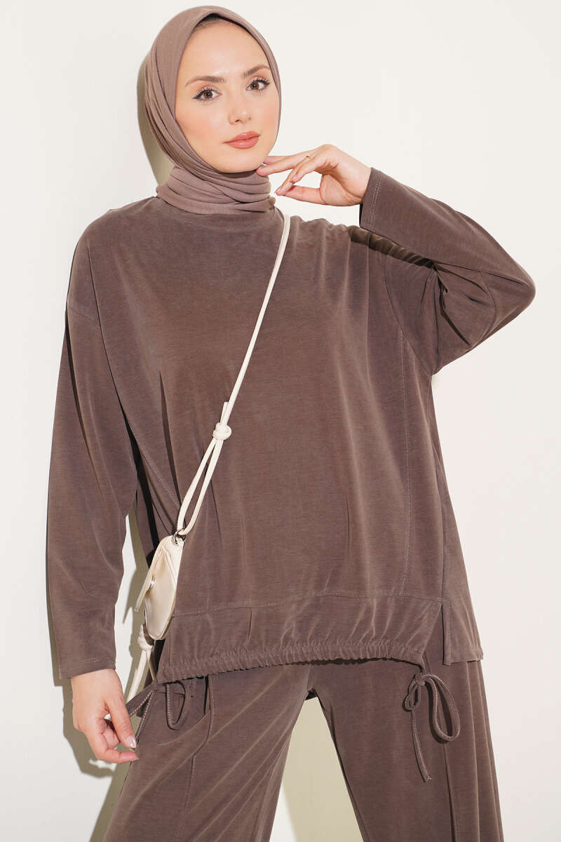 Basic two-piece set with tie detail Brown - Imagen 2