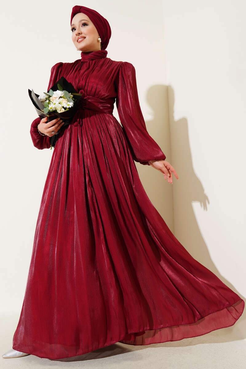 Knotted Ribbon-Accented French Terry Evening Gown Burgundy