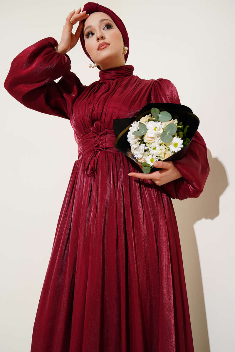 Knotted Ribbon-Accented French Terry Evening Gown Burgundy - immagine 2