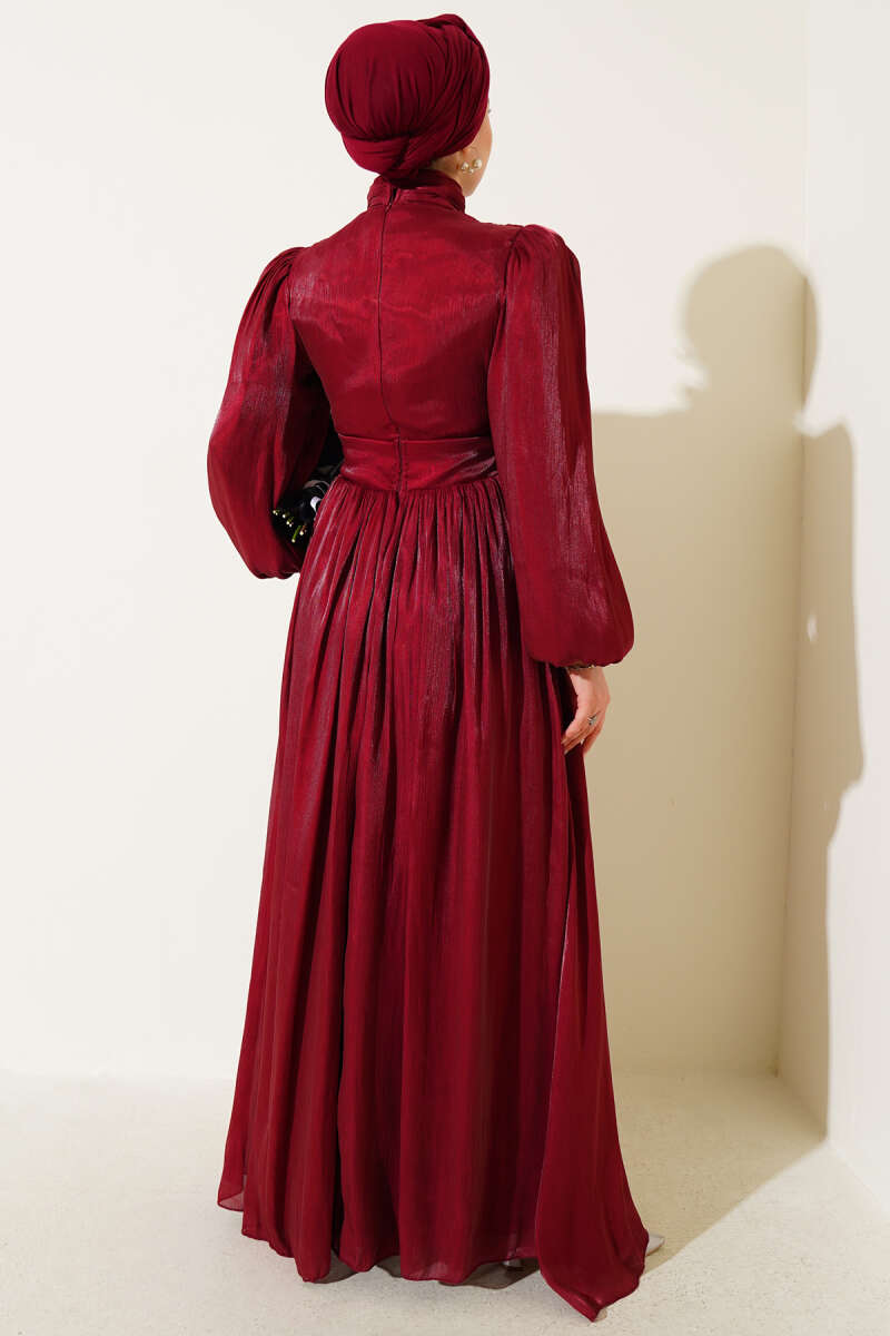 Knotted Ribbon-Accented French Terry Evening Gown Burgundy - immagine 3
