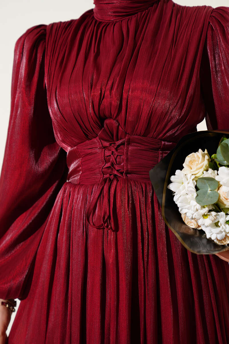 Knotted Ribbon-Accented French Terry Evening Gown Burgundy - immagine 4