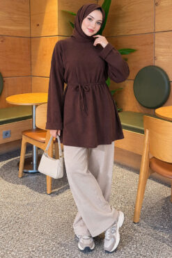Alternative view of Ribbed Tunic with Corded Waist Brown