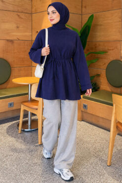 Alternative view of Ribbed Tunic with Corded Waist Navy Blue