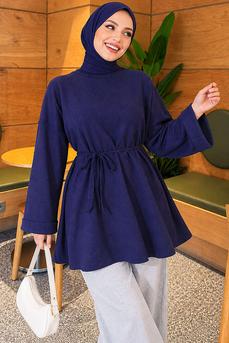 Ribbed Tunic with Corded Waist Navy Blue