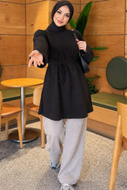 Alternative view of Ribbed Tunic with Corded Waist Black