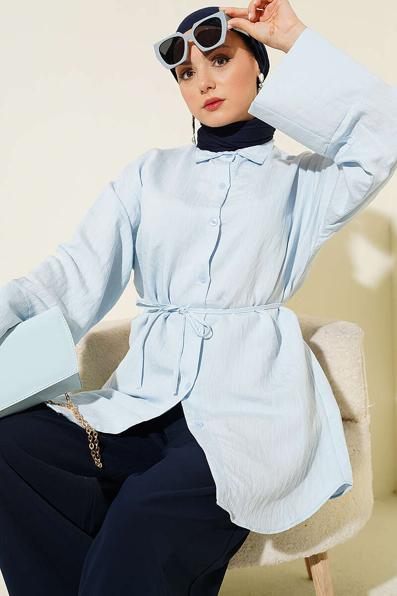 Wide Sleeve Modal Shirt with Tie Belt Ice Blue