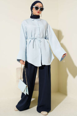 Alternative view of Wide Sleeve Modal Shirt with Tie Belt Ice Blue