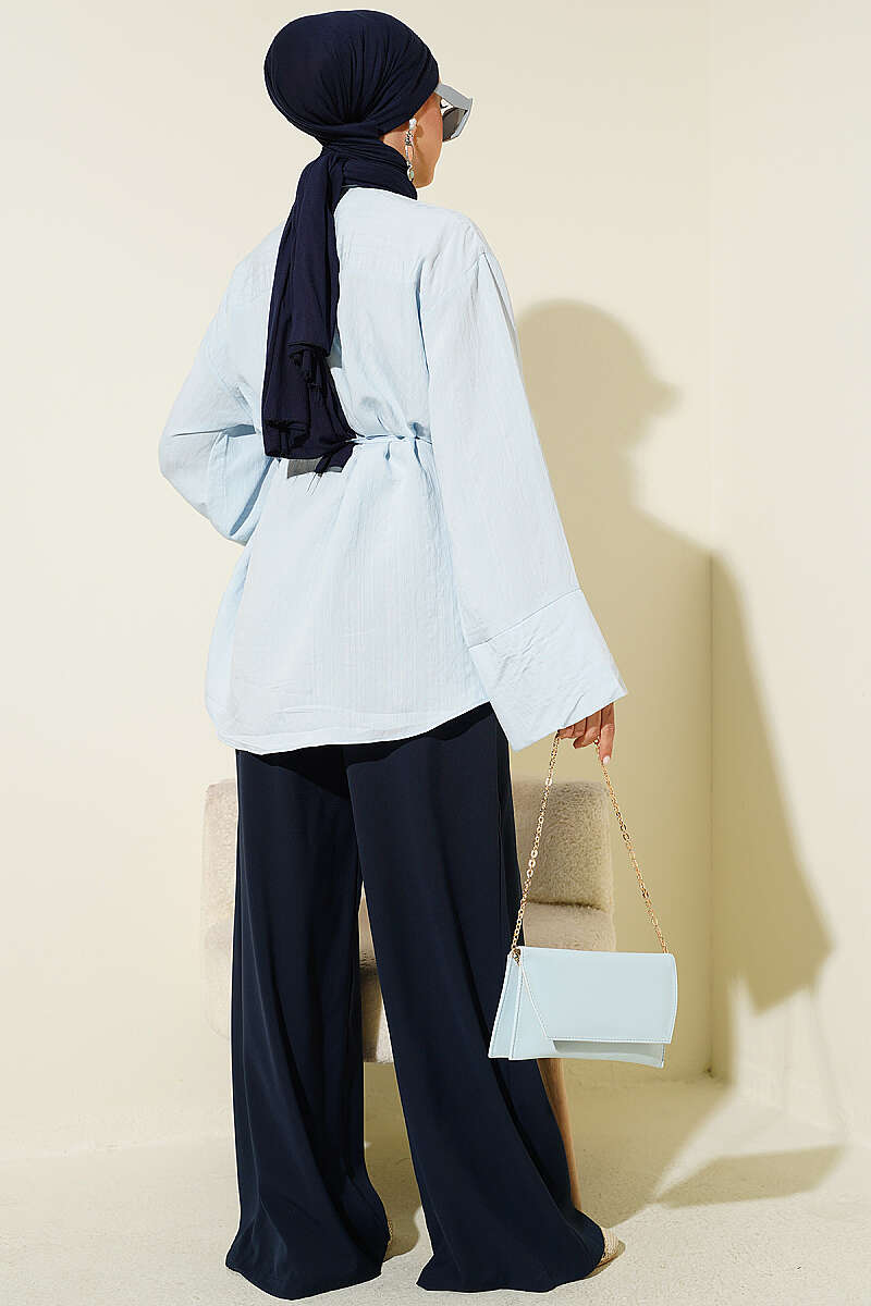 Wide Sleeve Modal Shirt with Tie Belt Ice Blue – Bild 3