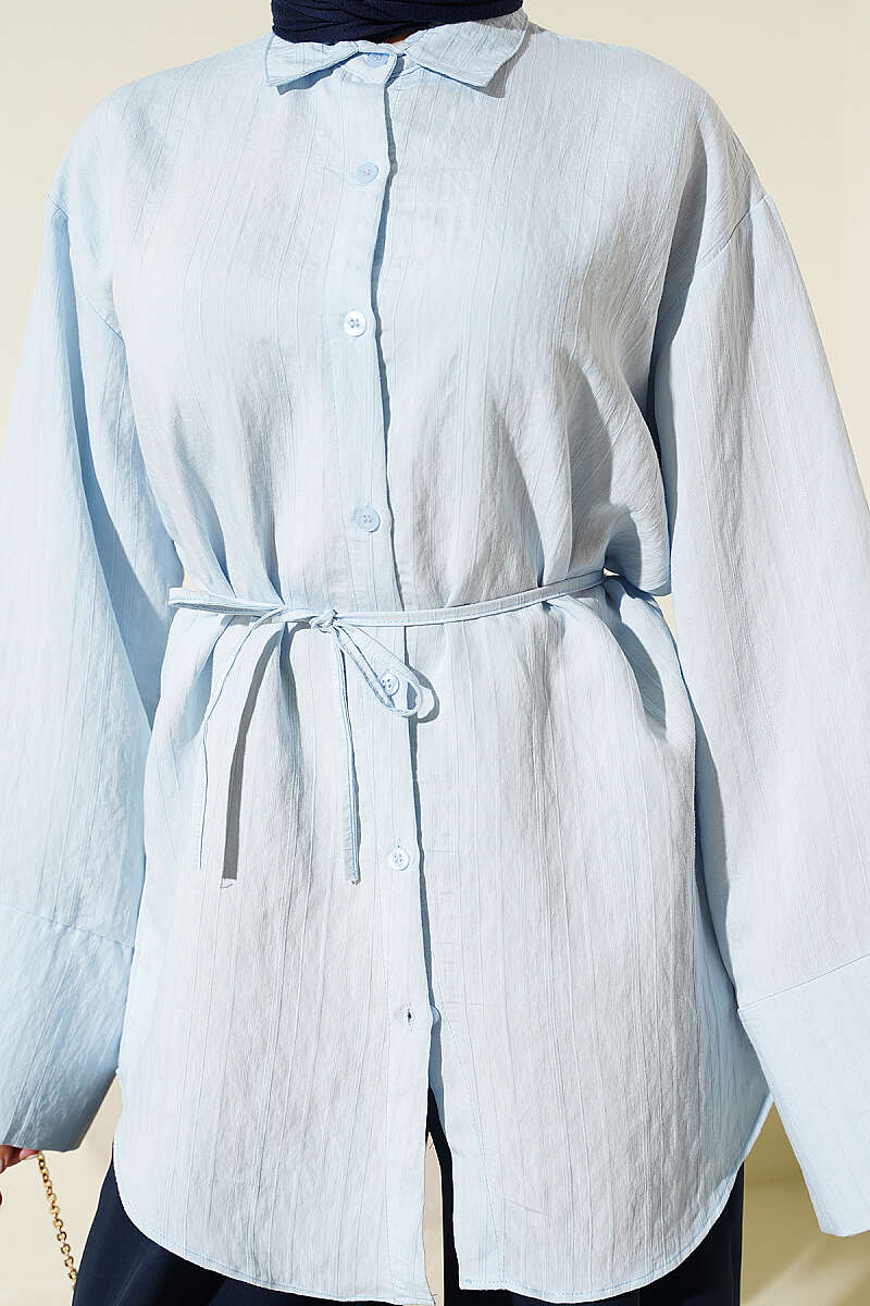 Wide Sleeve Modal Shirt with Tie Belt Ice Blue – Bild 4