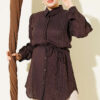 Textured Striped Shirt with Belt Dark Brown
