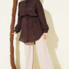 Textured Striped Shirt with Belt Dark Brown – Image 2