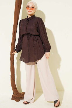 Alternative view of Textured Striped Shirt with Belt Dark Brown