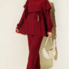 Belted Ruffled Shoulder Two-Piece Set Burgundy
