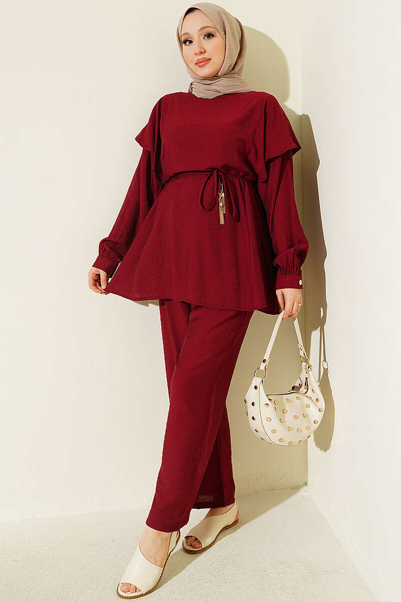 Belted Ruffled Shoulder Two-Piece Set Burgundy