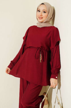 Alternative view of Belted Ruffled Shoulder Two-Piece Set Burgundy